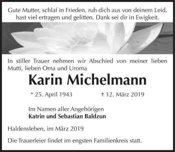Traueranzeige von Karin Michelmann  von Magdeburger Volksstimme