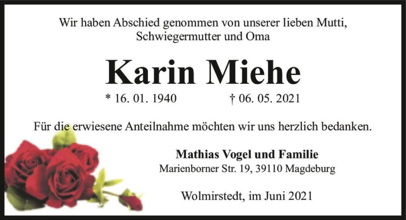  Traueranzeige für Karin Miehe  vom 05.06.2021 aus Magdeburger Volksstimme