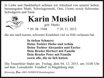 Traueranzeige von Karin Musiol (geb. Marks)  von Magdeburger Volksstimme