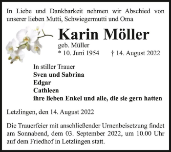 Traueranzeige von Karin Möller (geb. Müller)  von Magdeburger Volksstimme