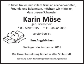 Traueranzeige von Karin Möse (geb. Bornschein)  von Magdeburger Volksstimme