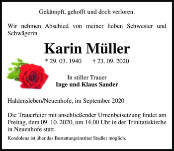 Traueranzeige von Karin Müller  von Magdeburger Volksstimme