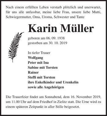 Traueranzeige von Karin Müller  von Magdeburger Volksstimme