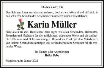 Traueranzeige von Karin Müller  von Magdeburger Volksstimme
