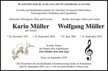 Traueranzeige von Karin Müller (geb. Eckert) und Wolfgang Müller  von Magdeburger Volksstimme
