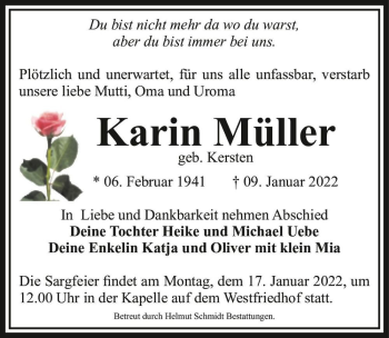 Traueranzeige von Karin Müller (geb. Kersten)  von Magdeburger Volksstimme