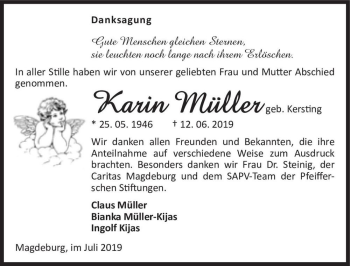 Traueranzeige von Karin Müller (geb. Kersting)  von Magdeburger Volksstimme