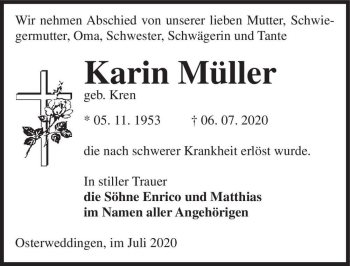 Traueranzeige von Karin Müller (geb. Kren)  von Magdeburger Volksstimme
