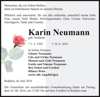 Traueranzeige von Karin Neumann (geb. Schönitz)  von Magdeburger Volksstimme