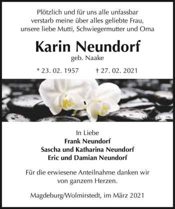 Traueranzeige von Karin Neundorf (geb. Naake)  von Magdeburger Volksstimme