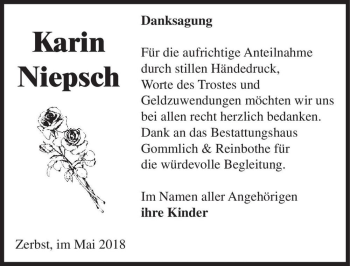 Traueranzeige von Karin Niepsch  von Magdeburger Volksstimme