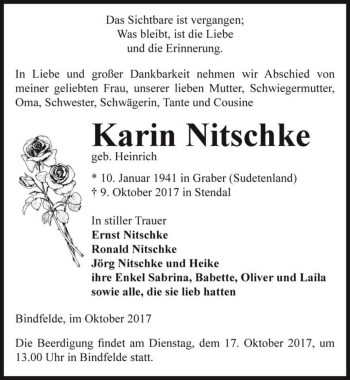 Traueranzeige von Karin Nitschke (geb. Heinrich)  von Magdeburger Volksstimme