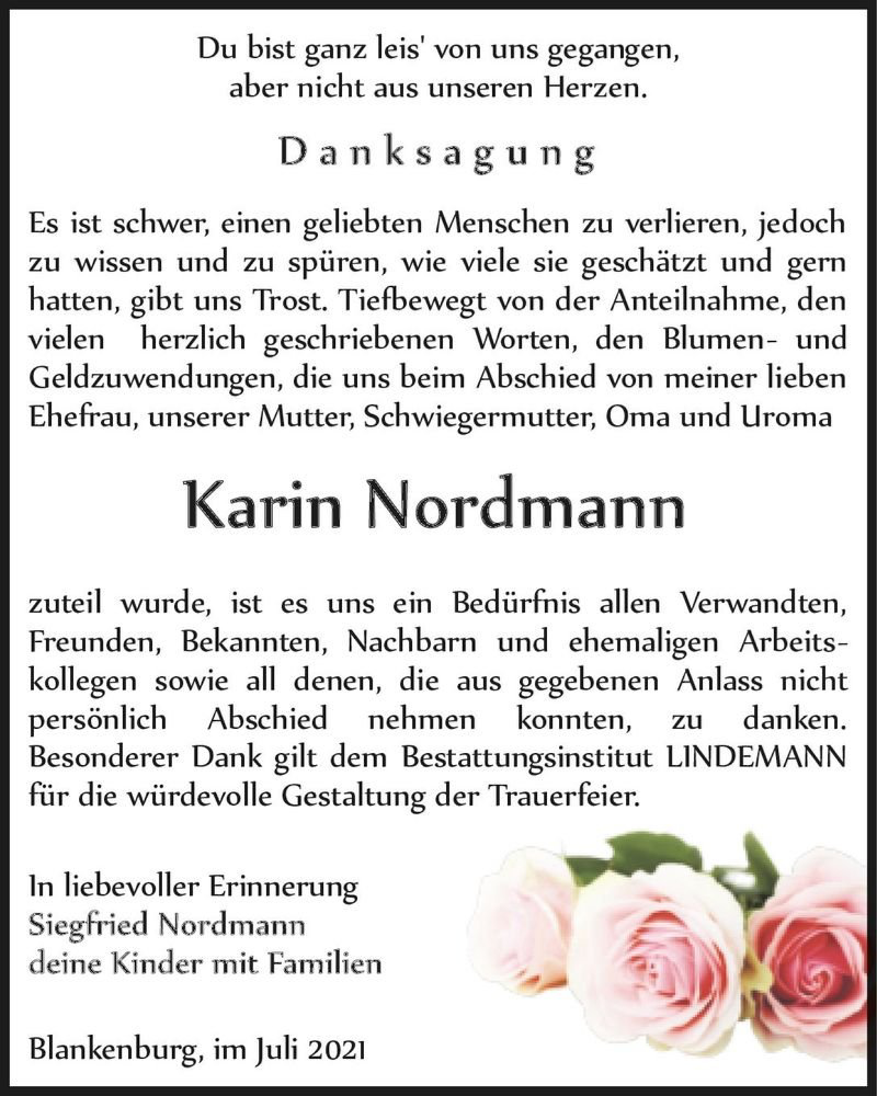  Traueranzeige für Karin Nordmann  vom 31.07.2021 aus Magdeburger Volksstimme