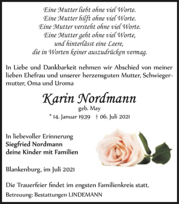 Traueranzeige von Karin Nordmann (geb. May)  von Magdeburger Volksstimme