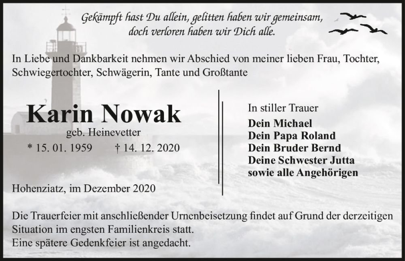  Traueranzeige für Karin Nowak (geb. Heinevetter)  vom 19.12.2020 aus Magdeburger Volksstimme