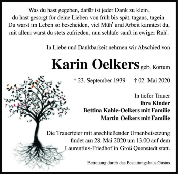 Traueranzeige von Karin Oelkers (geb. Kortum)  von Magdeburger Volksstimme