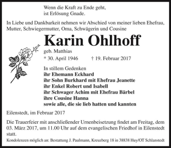 Traueranzeige von Karin Ohlhoff (geb. Matthias)  von Magdeburger Volksstimme