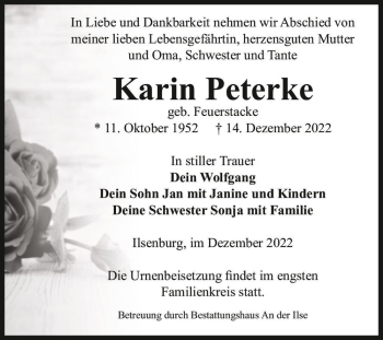 Traueranzeige von Karin Peterke (geb. Feuerstacke)  von Magdeburger Volksstimme
