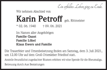 Traueranzeige von Karin Petroff (geb. Rittmeister)  von Magdeburger Volksstimme