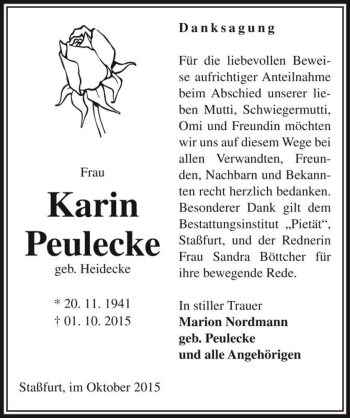 Traueranzeige von Karin Peulecke (geb. Heidecke)  von Magdeburger Volksstimme