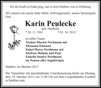 Traueranzeige von Karin Peulecke (geb. Heidecke)  von Magdeburger Volksstimme