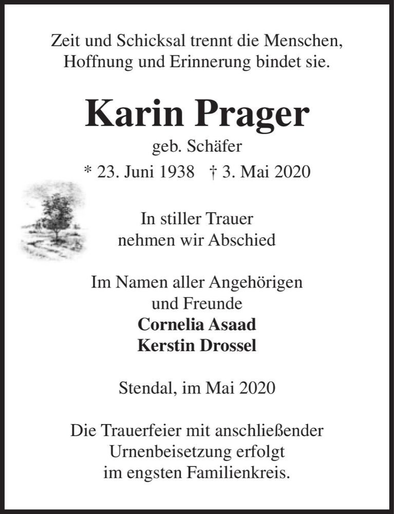  Traueranzeige für Karin Prager (geb. Schäfer)  vom 22.05.2020 aus Magdeburger Volksstimme