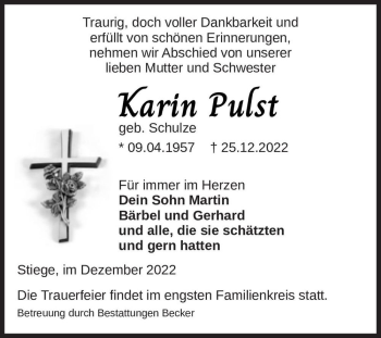 Traueranzeige von Karin Pulst (geb. Schulze)  von Magdeburger Volksstimme
