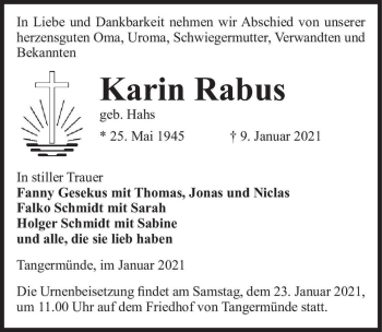Traueranzeige von Karin Rabus (geb. Hahs)  von Magdeburger Volksstimme