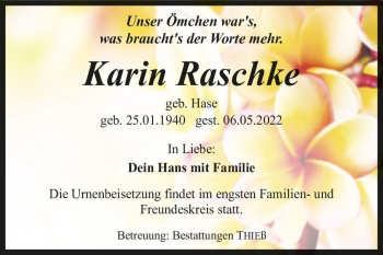 Traueranzeige von Karin Raschke (geb. Hase)  von Magdeburger Volksstimme