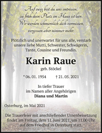 Traueranzeige von Karin Raue (geb. Stöckel)  von Magdeburger Volksstimme