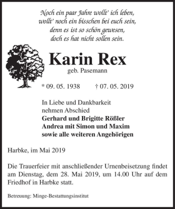 Traueranzeige von Karin Rex (geb. Pasemann)  von Magdeburger Volksstimme