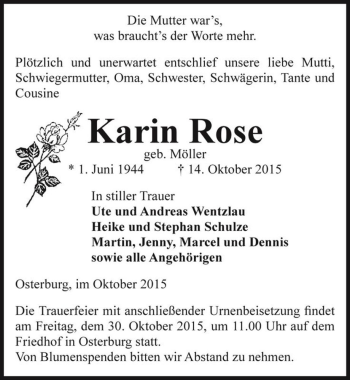 Traueranzeige von Karin Rose (geb. Möller)  von Magdeburger Volksstimme