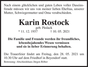 Traueranzeige von Karin Rostock (geb. Päslack)  von Magdeburger Volksstimme