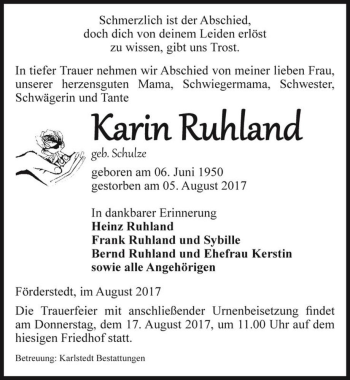 Traueranzeige von Karin Ruhland (geb. Schulze)  von Magdeburger Volksstimme
