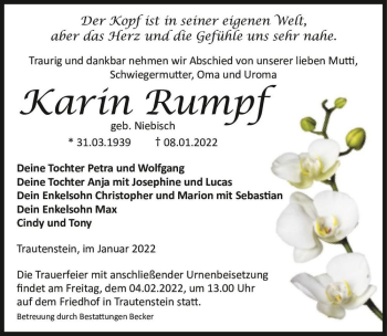 Traueranzeige von Karin Rumpf (geb. Niebisch)  von Magdeburger Volksstimme
