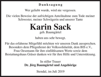Traueranzeige von Karin Sack (geb. Baumgärtel)  von Magdeburger Volksstimme