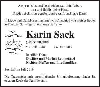 Traueranzeige von Karin Sack (geb. Baumgärtel)  von Magdeburger Volksstimme