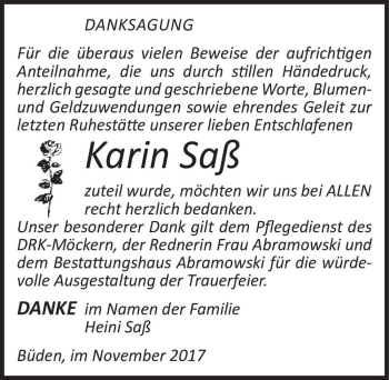 Traueranzeige von Karin Saß  von Magdeburger Volksstimme