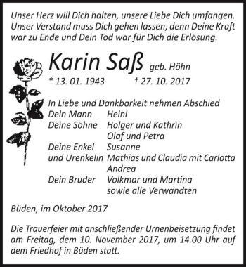 Traueranzeige von Karin Saß (geb. Höhn)  von Magdeburger Volksstimme