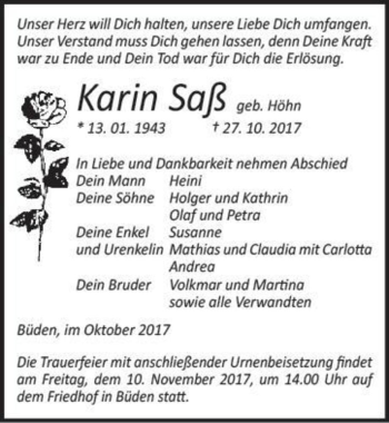 Traueranzeige von Karin Saß (geb. Höhn)  von Magdeburger Volksstimme