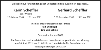 Traueranzeige von Karin Scheffler (geb. Wilberg) und Gerhard Scheffler  von Magdeburger Volksstimme