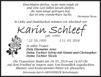 Traueranzeige von Karin Schleef (geb. Weber)  von Magdeburger Volksstimme