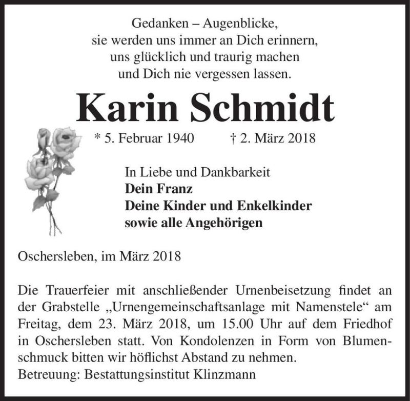  Traueranzeige für Karin Schmidt  vom 10.03.2018 aus Magdeburger Volksstimme