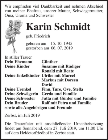 Traueranzeige von Karin Schmidt (geb. Friedrich)  von Magdeburger Volksstimme