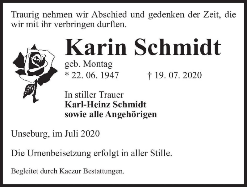  Traueranzeige für Karin Schmidt (geb. Montag)  vom 25.07.2020 aus Magdeburger Volksstimme