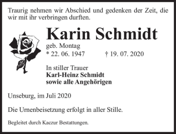 Traueranzeige von Karin Schmidt (geb. Montag)  von Magdeburger Volksstimme