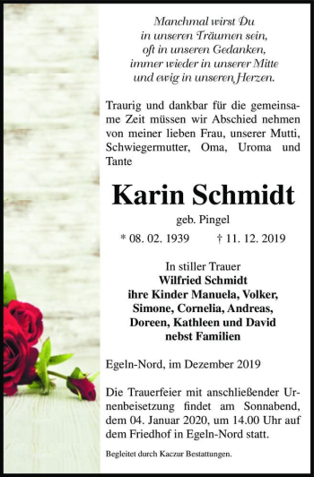 Traueranzeige von Karin Schmidt (geb. Pingel)  von Magdeburger Volksstimme