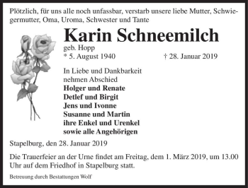 Traueranzeige von Karin Schneemilch (geb. Hopp)  von Magdeburger Volksstimme