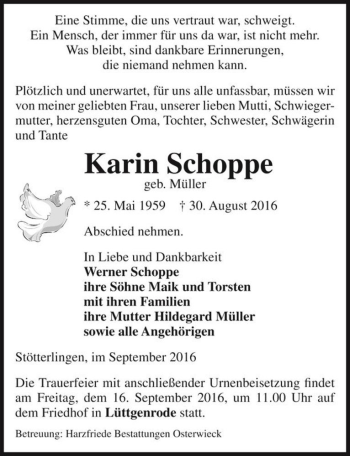 Traueranzeige von Karin Schoppe (geb. Müller)  von Magdeburger Volksstimme