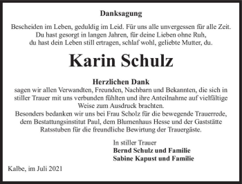 Traueranzeige von Karin Schulz  von Magdeburger Volksstimme